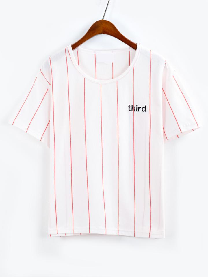 Romwe Vertical Striped Letter Embroidered White T-shirt