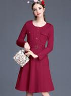 Romwe Red Round Neck Long Sleeve Drawstring Pockets Dress
