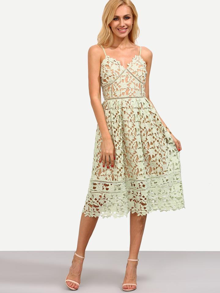 Romwe Green Hollow Out Fit & Flare Lace Cami Dress