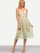Romwe Green Hollow Out Fit & Flare Lace Cami Dress