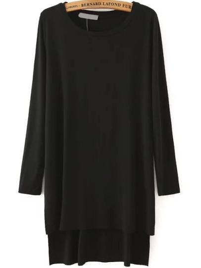 Romwe High Low Slit Side Black T-shirt