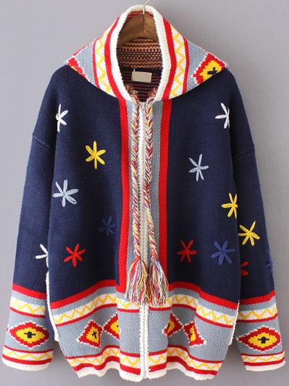 Romwe Hooded Drawstring Crochet Striped Trim Coat