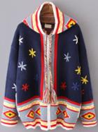 Romwe Hooded Drawstring Crochet Striped Trim Coat