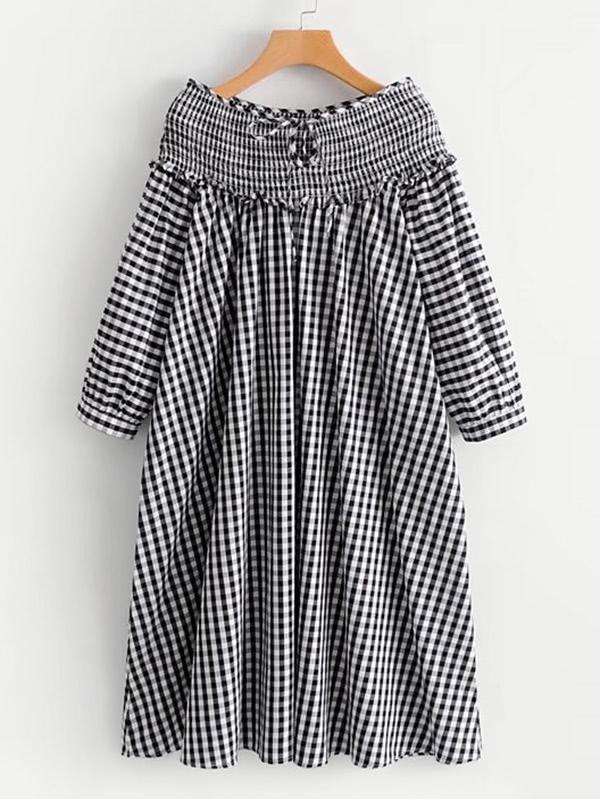 Romwe Shirred Bardot Neck Gingham Dress