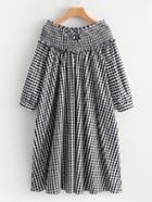 Romwe Shirred Bardot Neck Gingham Dress