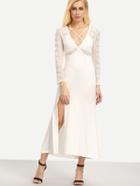Romwe White Lace Insert Surplice Front Slit Long Dress
