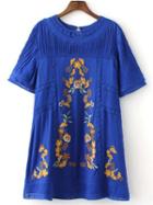 Romwe Dark Blue Embroidery Key-hole Crochet Dress