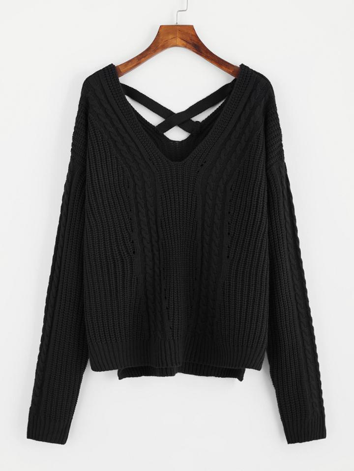 Romwe Crisscross Dual V Neck Slit Side Sweater