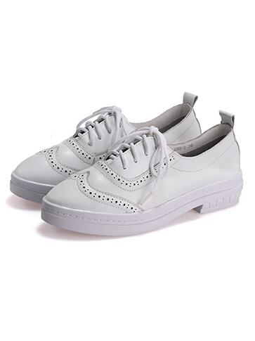 Romwe White Round Toe Shoelace Pu Flats