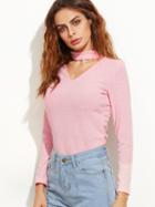 Romwe Pink Cutout Front Ribbed Sweater