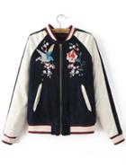 Romwe Navy Embroidery Bomber Jacket Whith Zipper