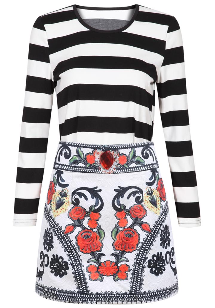 Romwe Striped Long Sleeve Crop Top With Vintage Skirt