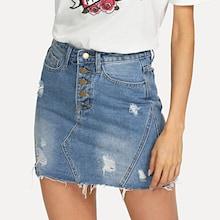 Romwe Button Up Bleach Wash Ripped Denim Skirt