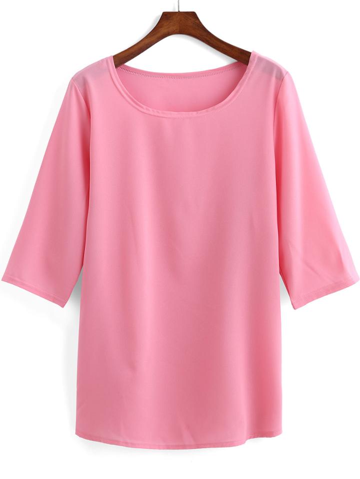 Romwe Pink Round Neck Half Sleeve Straight T-shirt