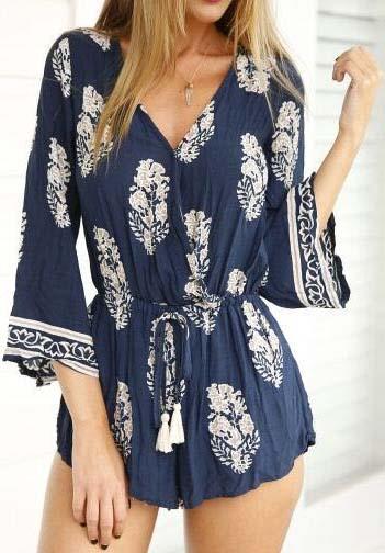 Romwe V Neck Drawstring Tree Print Jumpsuit