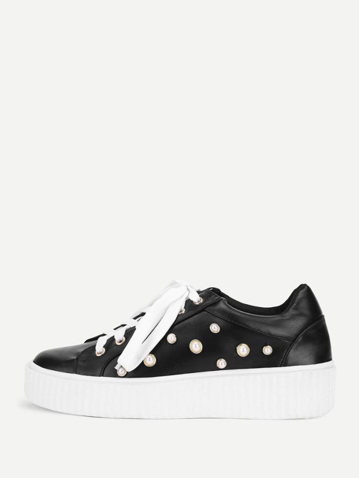 Romwe Faux Pearl Lace Up Pu Sneakers