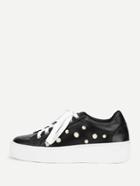 Romwe Faux Pearl Lace Up Pu Sneakers