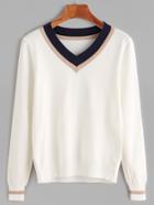 Romwe Beige Contrast Striped V Neck Sweater