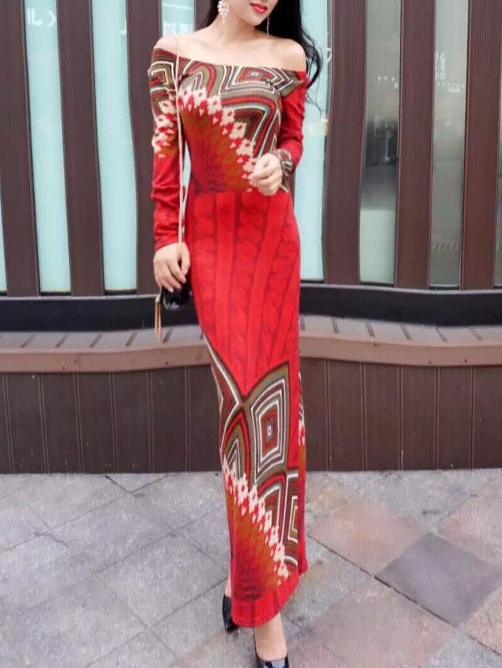 Romwe Off The Shoulder Geometric Print Slit Maxi Dress