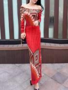 Romwe Off The Shoulder Geometric Print Slit Maxi Dress