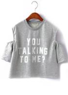 Romwe Open Shoulder Letter Print Grey T-shirt