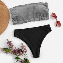 Romwe Lettuce Trim Glitter Bandeau Bikini Set
