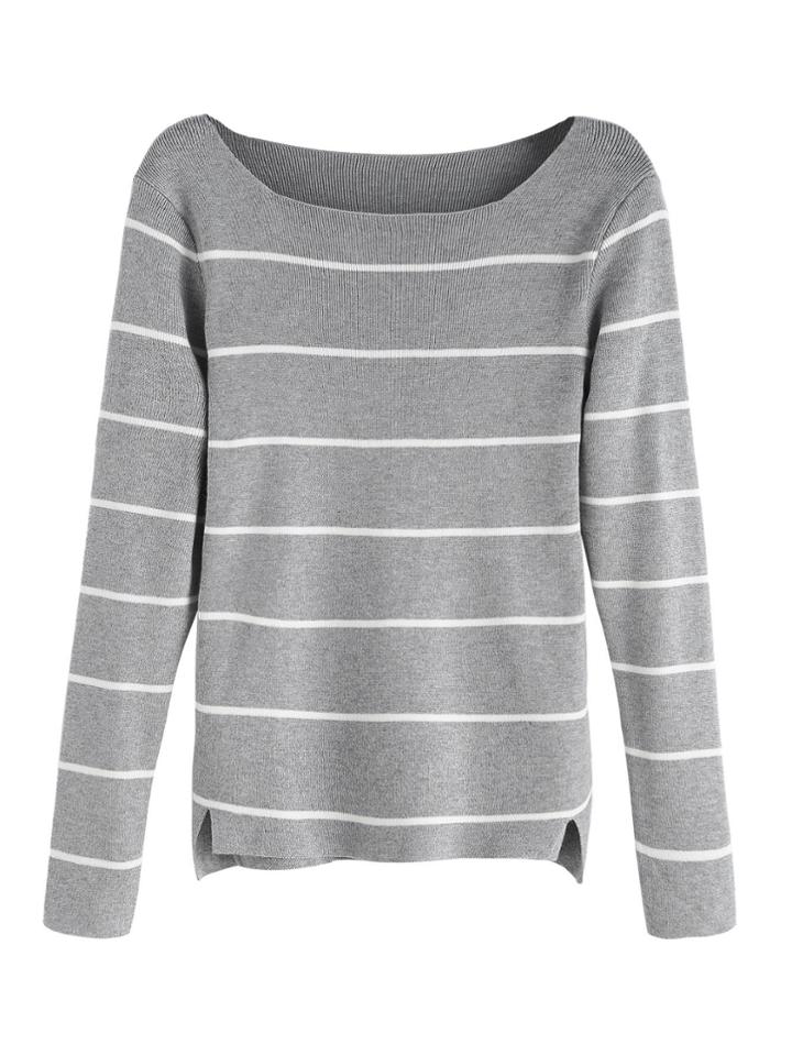 Romwe Grey Striped Split Side Knitwear