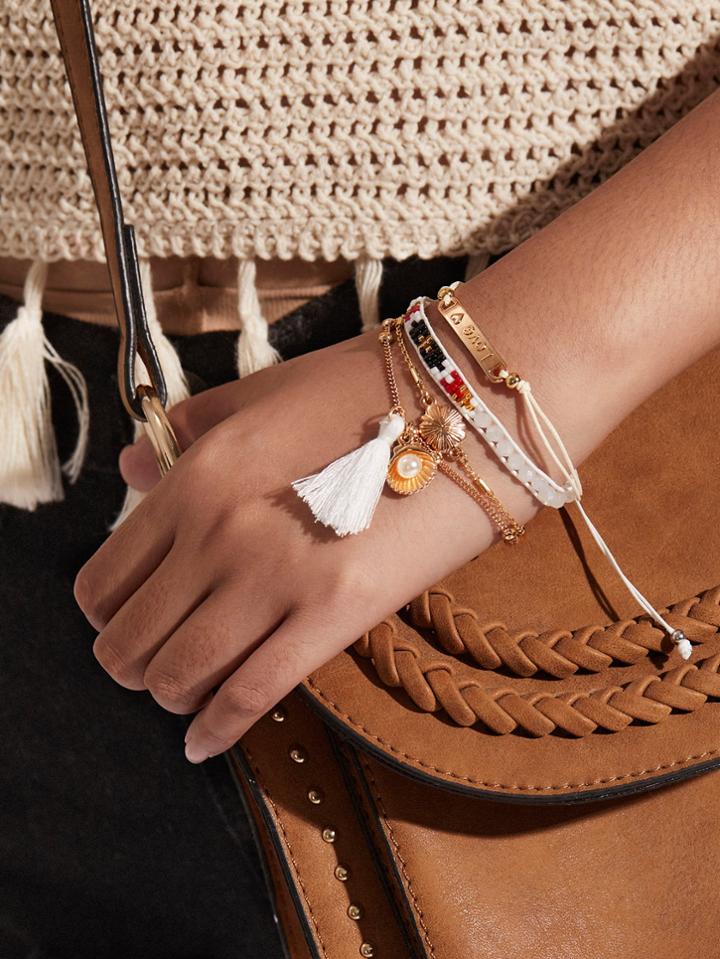 Romwe Tassel & Shell Detail Bracelet Set With Jewelry