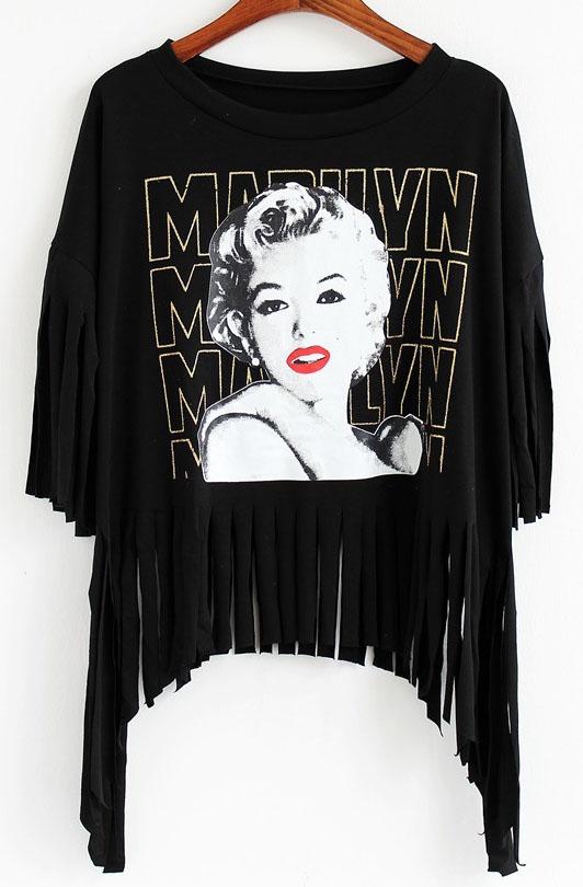 Romwe With Tassel Monroe Print Black T-shirt