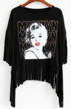 Romwe With Tassel Monroe Print Black T-shirt