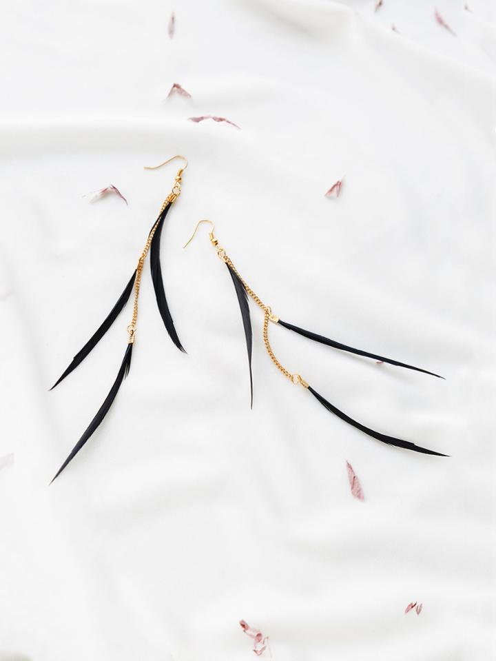 Romwe Black Feather Gold Metal Earrings