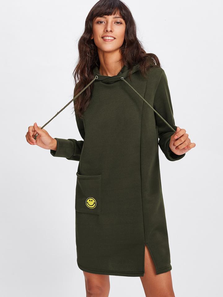 Romwe Split Hem Hoodie Dress With Badge