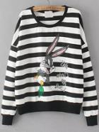 Romwe Striped Rabbit Print Black Sweatshirt