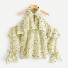Romwe Ditsy Floral Cold-shoulder Ruffle Trim Blouse