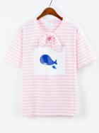 Romwe Bow-knot Neck Striped Whale Print T-shirt - Pink