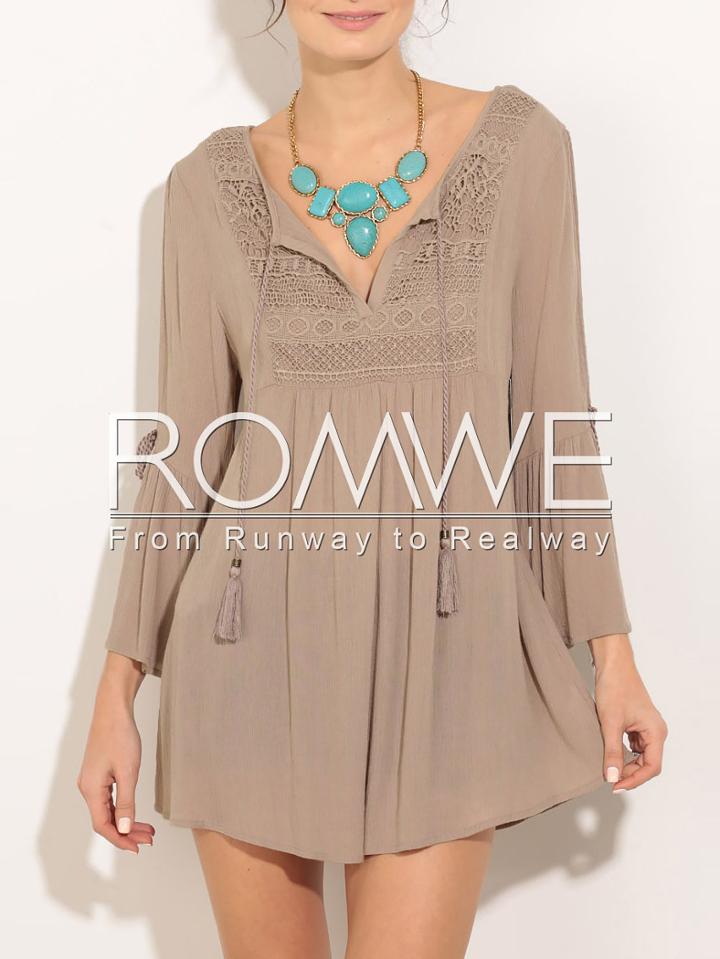 Romwe Brown V-neck Split Bell Sleeve Embroderied Dress