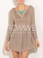 Romwe Brown V-neck Split Bell Sleeve Embroderied Dress