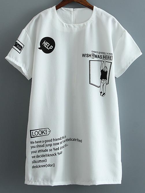 Romwe White Short Sleeve Letters Print Zipper Back Loose Dress