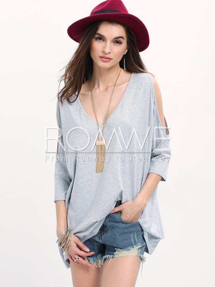 Romwe Grey Hollow Three Quarter V Neck T-shirt