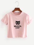 Romwe Pink Cat Print Cuffed Crop T-shirt