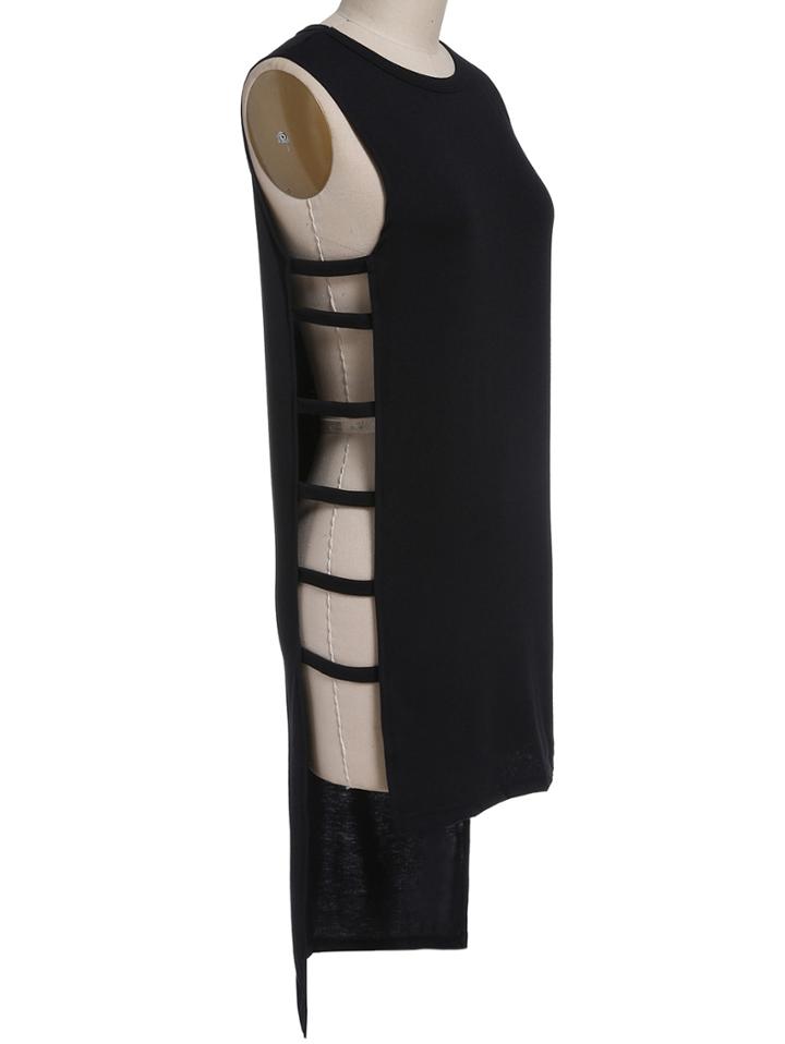 Romwe Sleeveless Dip Hem Hollow Black T-shirt
