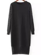 Romwe Lace Insert Pleated Black Sweater Dress