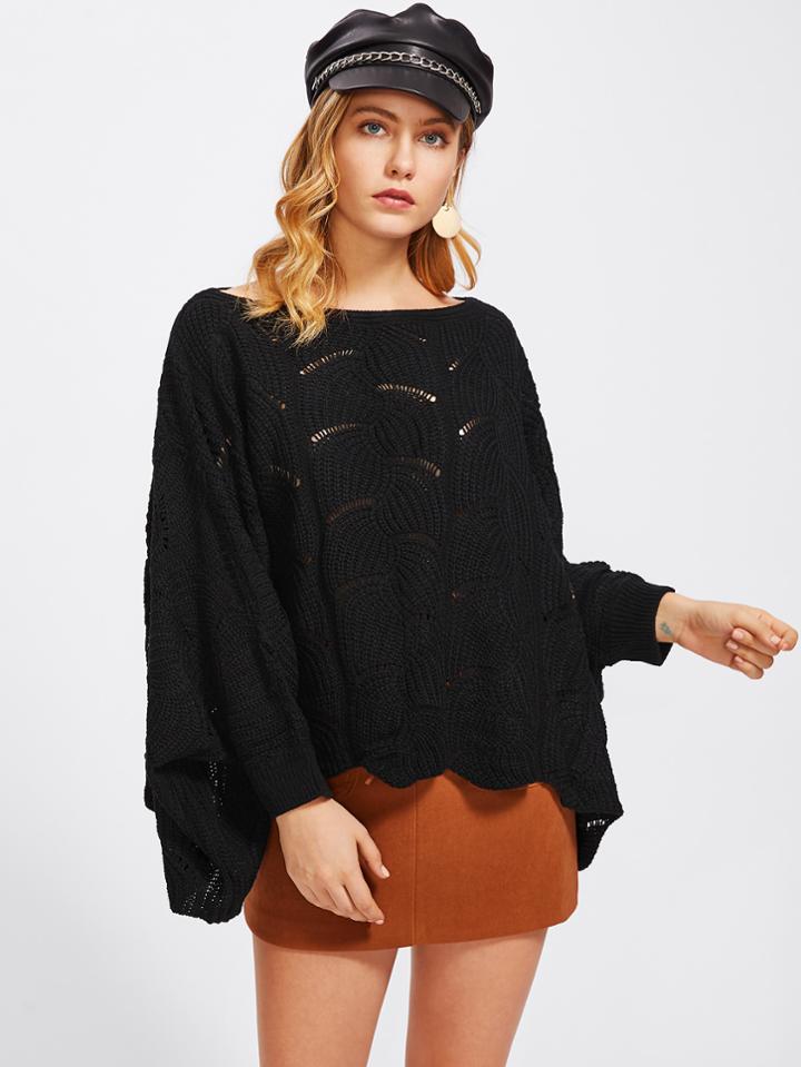 Romwe Loose Knit Scalloped Dolman Sweater