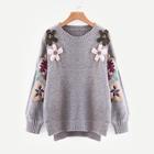 Romwe Wool Flower & Beaded Slit Side Sweater