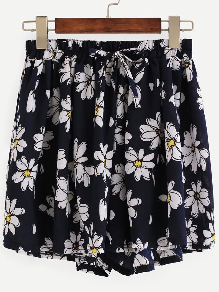 Romwe Navy Floral Print Skirt Shorts