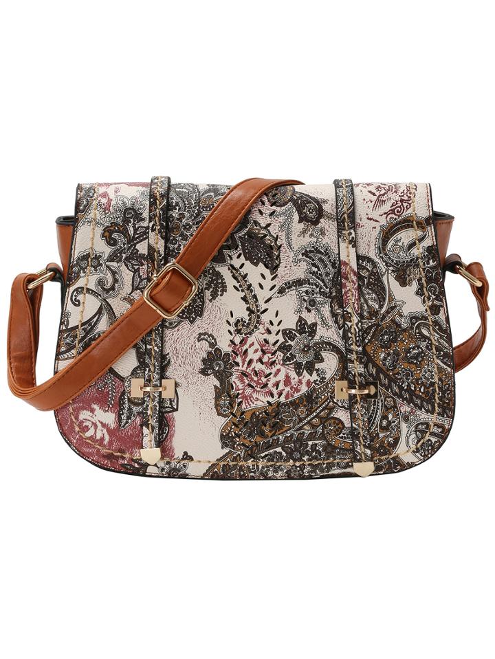 Romwe Brown Paisley Print Flap Saddle Bag
