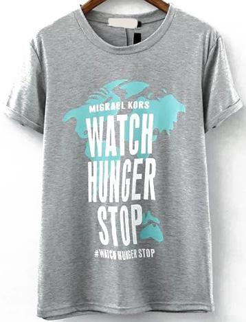 Romwe Round Neck Letter Print Grey T-shirt