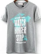 Romwe Round Neck Letter Print Grey T-shirt