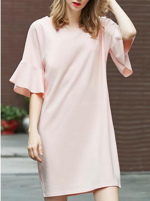 Romwe Ruffled Bell Sleeve Shift Dress - Pink