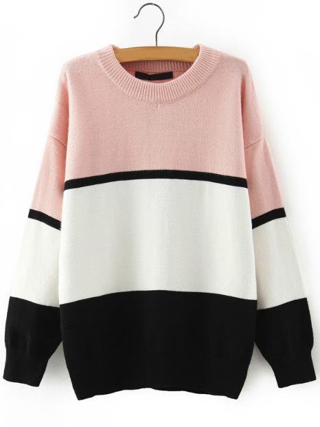 Romwe Women Crew Neck Color-block Striped Sweater